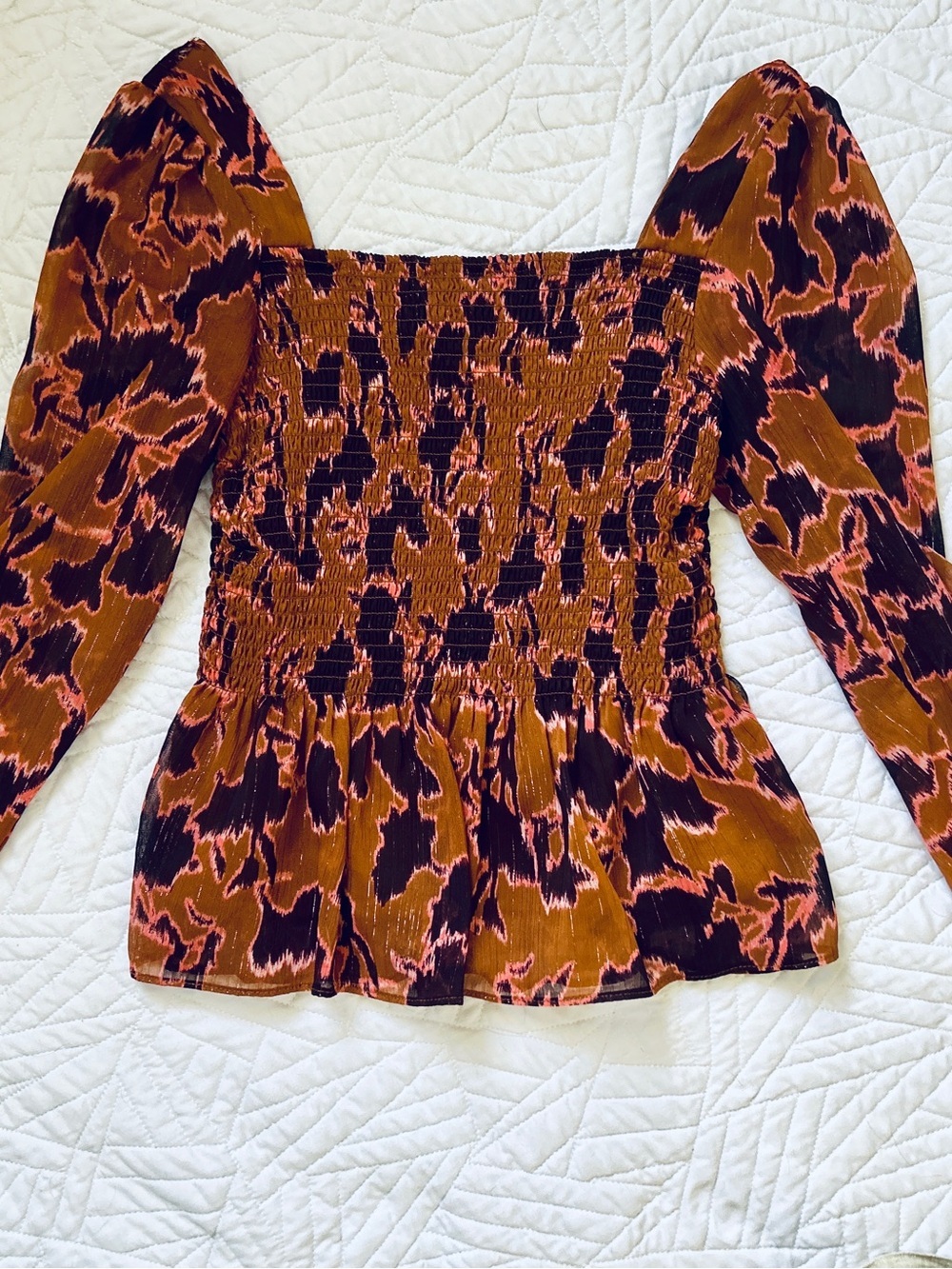 Nine West Smocked Square Neck Peplum Blouse